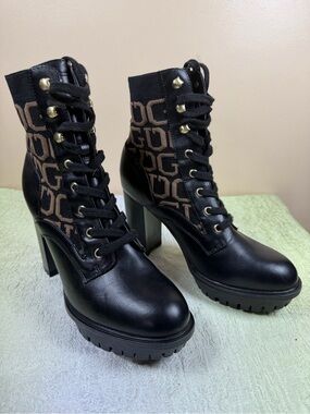 Guess Black Leather Block Heel Lace-Up Boots with Brown Logo Jacquard